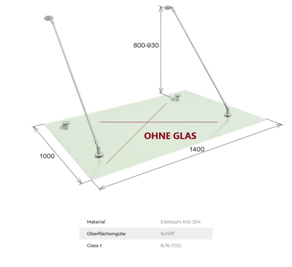 Glasvordach Edelstahl Vordachhalter Türvordach für Glas 8,76-17,52 mm V2A - SET
